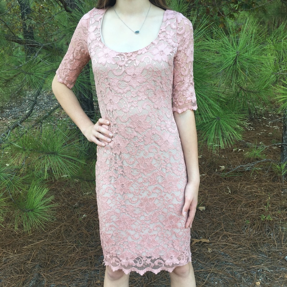 Badgley Mischka Pink Lace Midi Dress